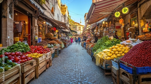 A vibrant street market in Turkey, with stalls selling fresh produce, spices, and local goods.