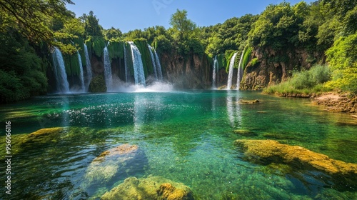 A view of the Duden Waterfalls cascading into a clear pool surrounded by lush greenery.