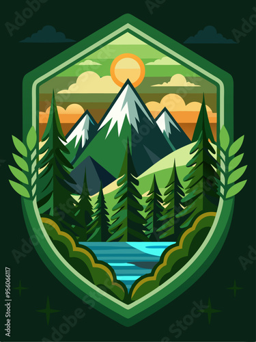 Mountain Range Landscape with Forest and River at Sunset