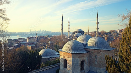 A view of the historic ehzade Mosque in Istanbul, with its grand domes and minarets. photo