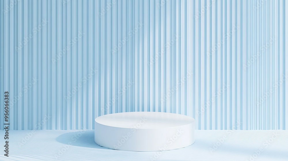 A white circular podium set against a light blue, striped background, offering a fresh and modern stage for product displays A white circular podium set against a light blue, striped background, offering a fresh and modern stage for product displays