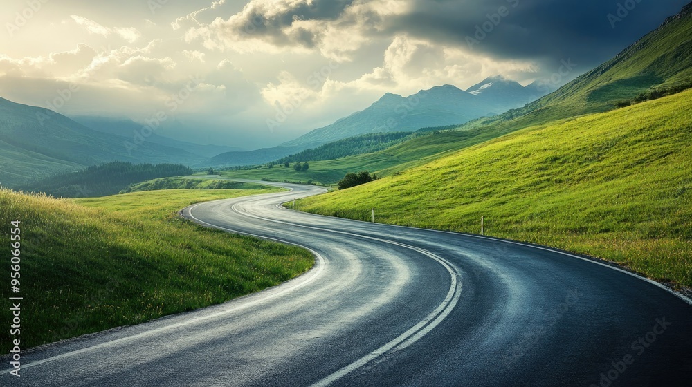 Naklejka premium A winding asphalt highway road leading towards green mountains under a cloudy morning sky