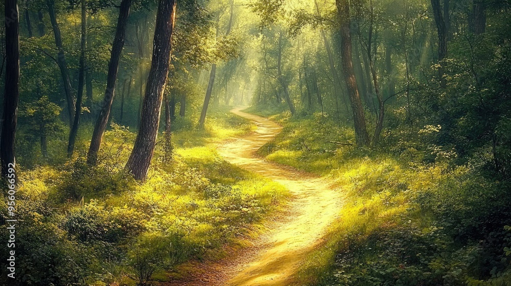 Naklejka premium A winding dirt path leading through a dense forest, with sunlight filtering through the trees