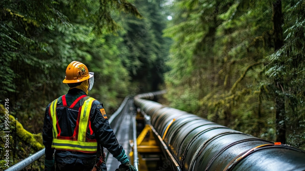 A worker in protective gear inspecting natural gas pipelines in a forested area A worker in protective gear inspecting natural gas pipelines in a forested area