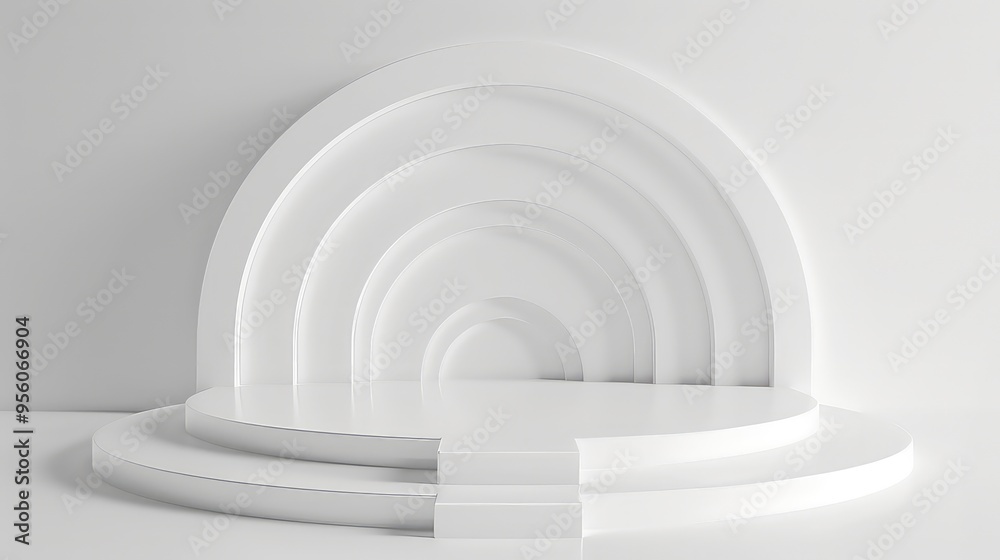 Obraz premium Minimalist white podium with geometric arch shapes in the background.