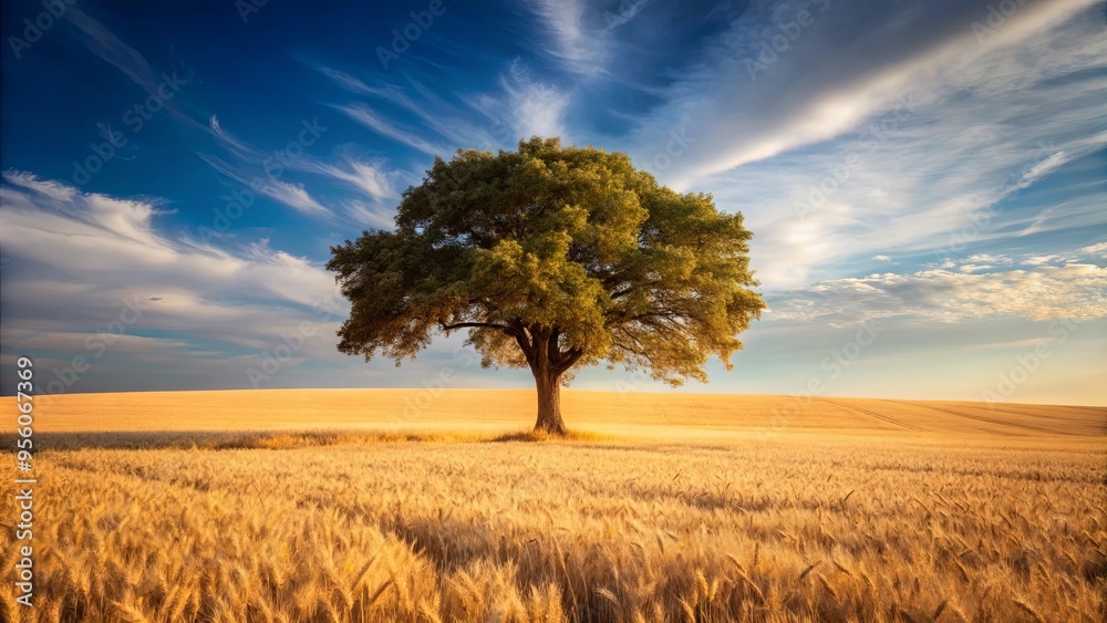 Lonely tree standing tall in the middle of a vast wheat field Lonely tree standing tall in the middle of a vast wheat field