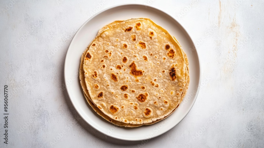 Aerial shot of a perfectly cooked tawa chapati placed on a simple white plate, highlighting its warm and inviting texture. Aerial shot of a perfectly cooked tawa chapati placed on a simple white plate, highlighting its warm and inviting texture.