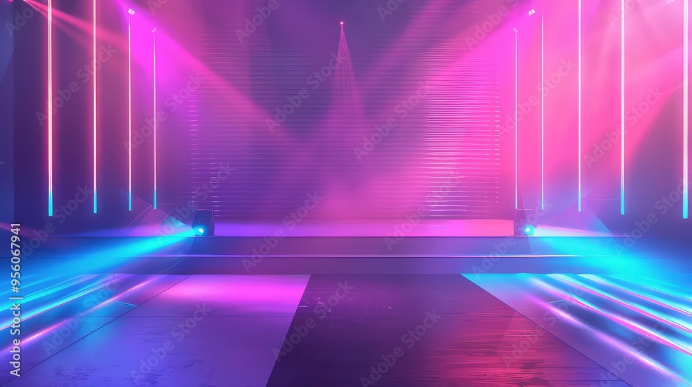 Naklejka premium Purple and blue neon light stage with empty space.