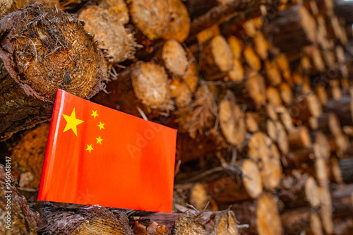 UN Climate Change Conference. China Deforestation. Ecological disaster, deforestation in Siberia and China. Felled pine trees photo