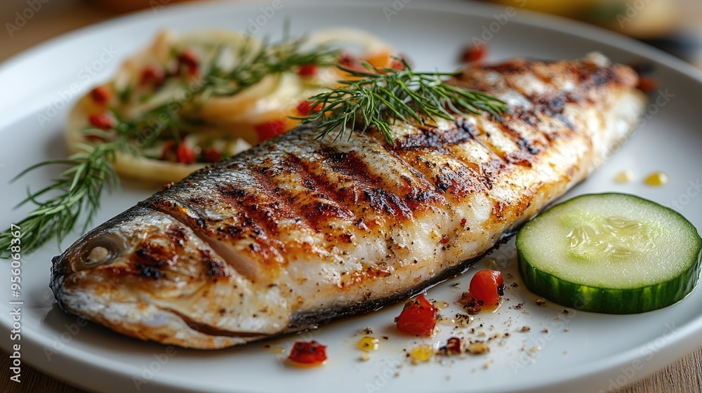 Grilled sea bass with cucumber and cherry tomato garnish Grilled sea bass with cucumber and cherry tomato garnish