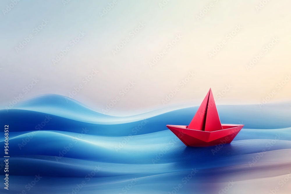 A red paper boat is sailing through the ocean waves, struggle and overcoming obstacles, minimalist illustration A red paper boat is sailing through the ocean waves, struggle and overcoming obstacles, minimalist illustration
