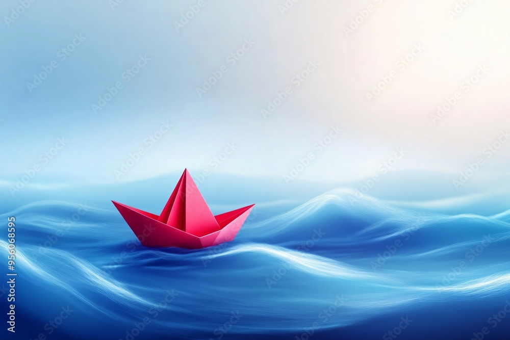 A red paper boat is sailing through the stormy sea, symbolizing the struggle and never giving up, minimal illustration A red paper boat is sailing through the stormy sea, symbolizing the struggle and never giving up, minimal illustration