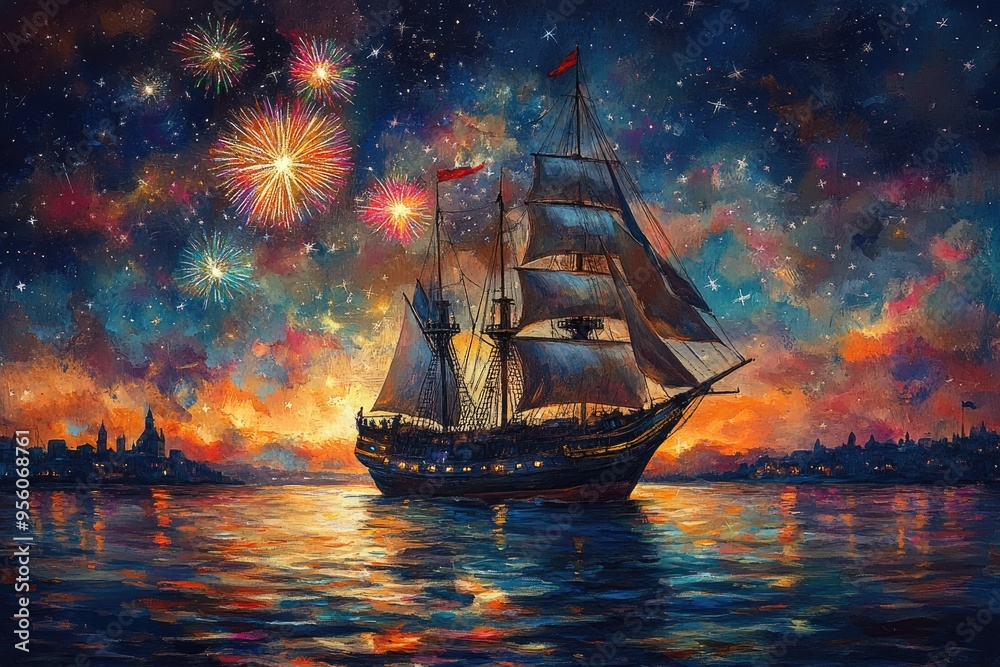 Obraz premium Majestic ship sailing under fireworks at night on the ocean