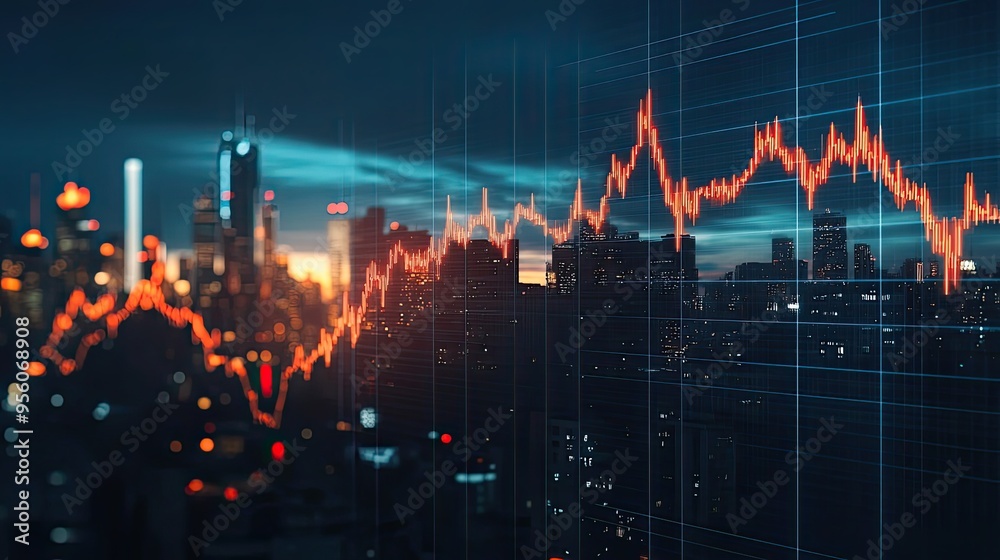 Naklejka premium Red Stock Chart Overlaid on a Nighttime Cityscape