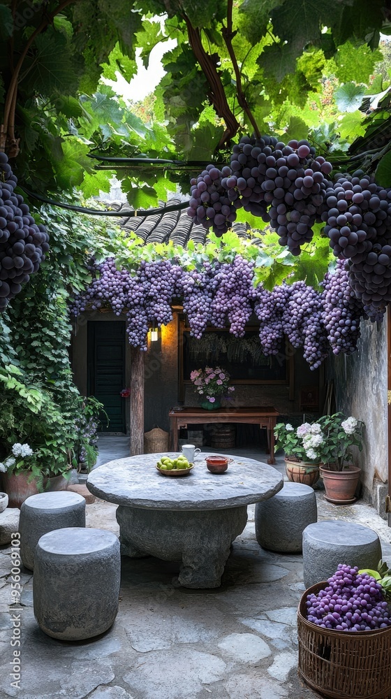 Fototapeta premium Bunches of grapes hanging over a table in a courtyard in china