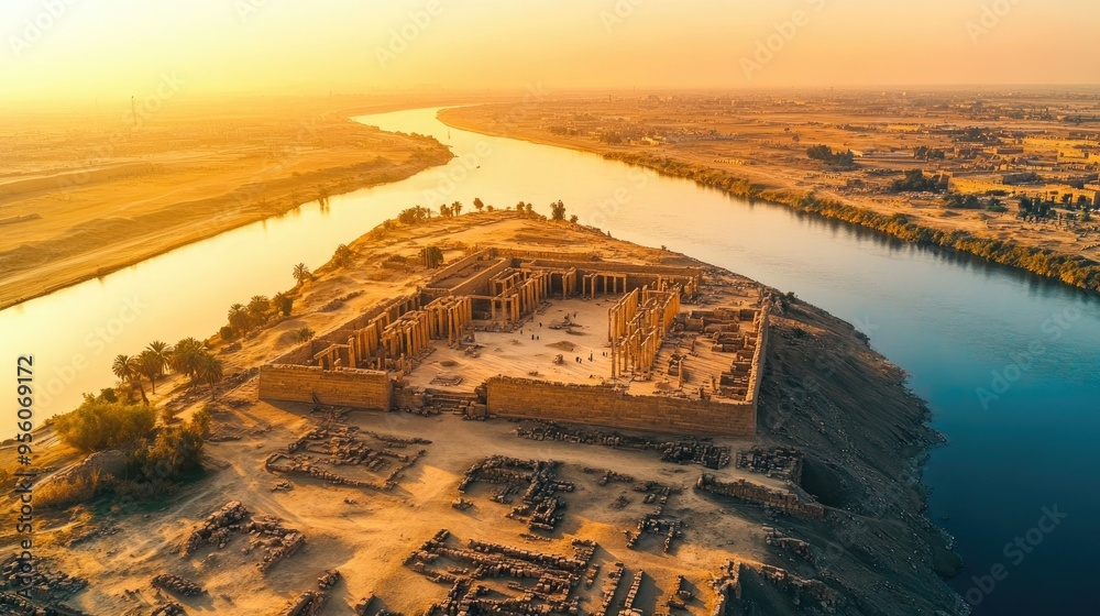 Aerial view of the ancient ruins of Babylon in Iraq, with the Euphrates ...