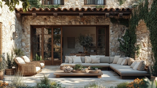 Modern patio with pergola overlooking desert landscape