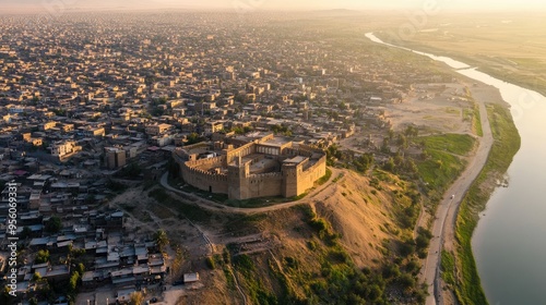 Aerial view of the city of Kirkuk with its historic citadel and surrounding urban areas photo