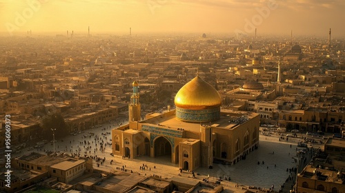 Aerial view of the city of Najaf, with the golden dome of the Imam Ali Shrine dominating the skyline