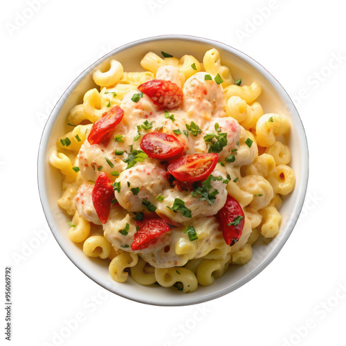 Creamy Lobster Macaroni with Chees on white bowl on transparent background