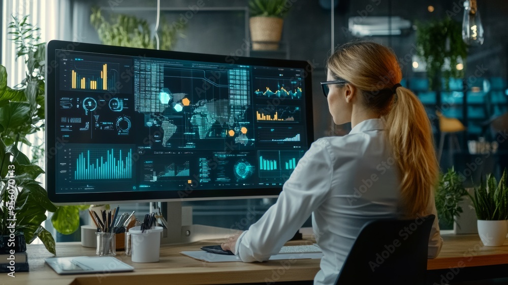 A woman analyzes complex data on a large monitor in a modern office, surrounded by plants and tech gadgets. A woman analyzes complex data on a large monitor in a modern office, surrounded by plants and tech gadgets.