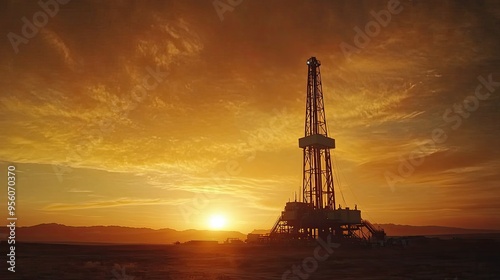 An oil drilling rig silhouetted against a dramatic sunrise in a barren landscape