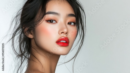 Close-up Portrait of a Young Woman with Red Lips