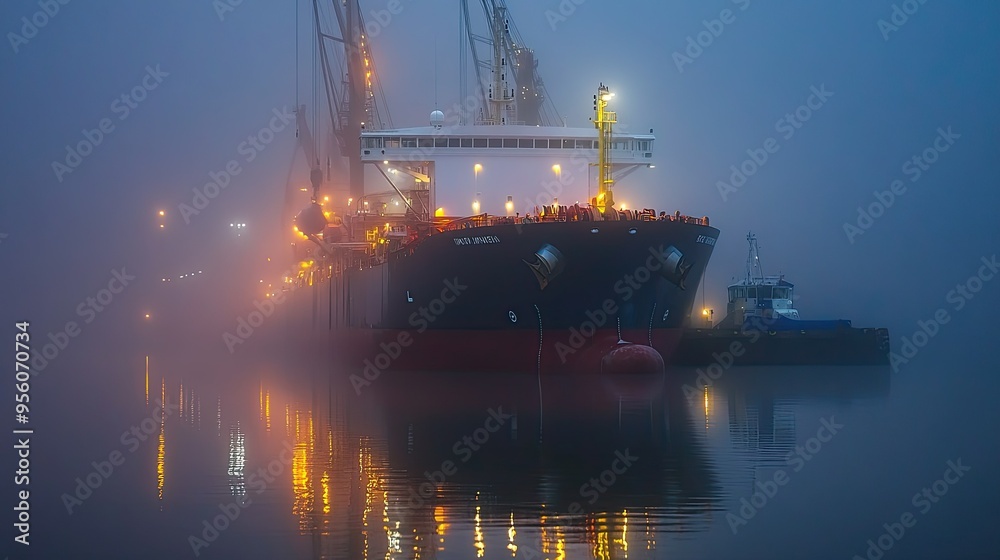 An oil tanker ship docked at a port, with cranes loading cargo in the early morning mist An oil tanker ship docked at a port, with cranes loading cargo in the early morning mist