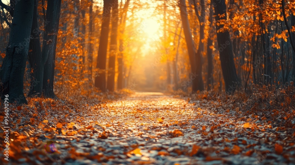Sunlit Path Through Autumn Forest with Fallen Leaves Sunlit Path Through Autumn Forest with Fallen Leaves