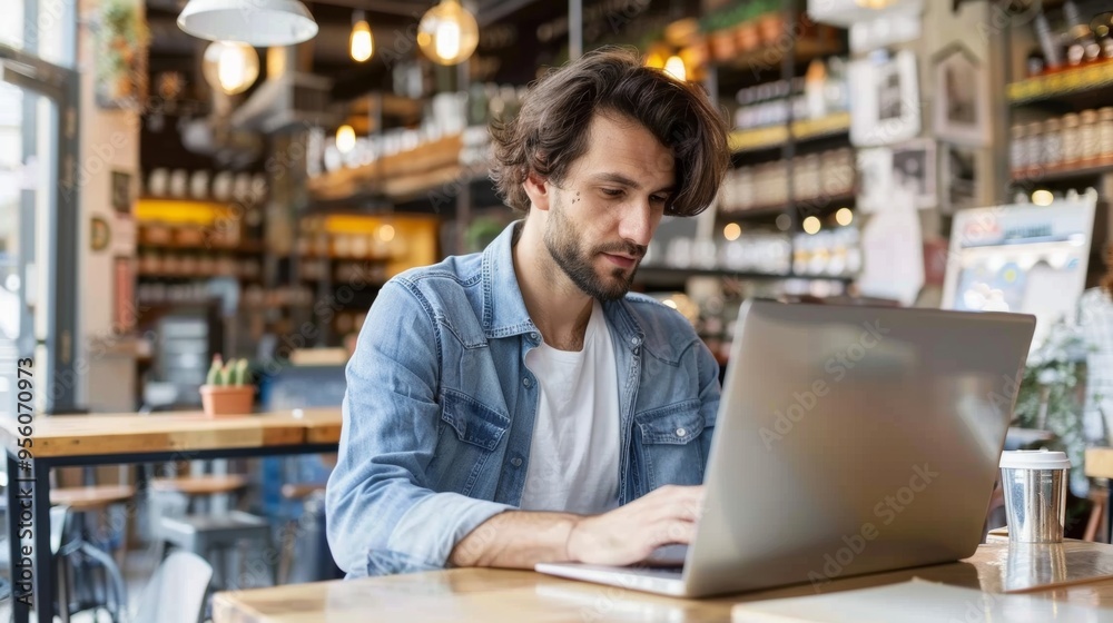 A man in a casual denim shirt works intently on his laptop inside a cozy, well-lit café. A man in a casual denim shirt works intently on his laptop inside a cozy, well-lit café.