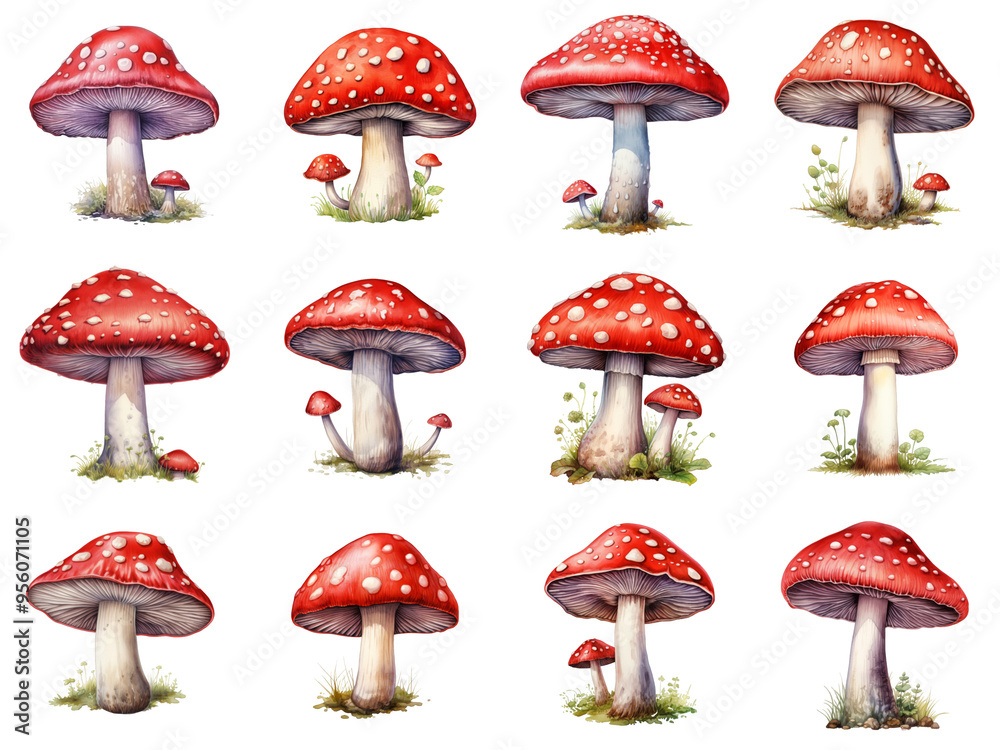 A Collection of Watercolor Rendered Fly Agaric Mushrooms A Collection of Watercolor Rendered Fly Agaric Mushrooms