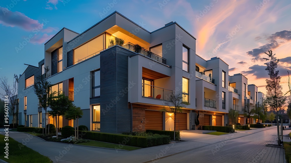 A row of townhouses in a contemporary complex at dusk A row of townhouses in a contemporary complex at dusk
