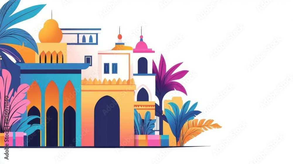 Exotic modern festivals with vibrant contrast flat design side view festive theme cartoon drawing Triadic Color Scheme Exotic modern festivals with vibrant contrast flat design side view festive theme cartoon drawing Triadic Color Scheme