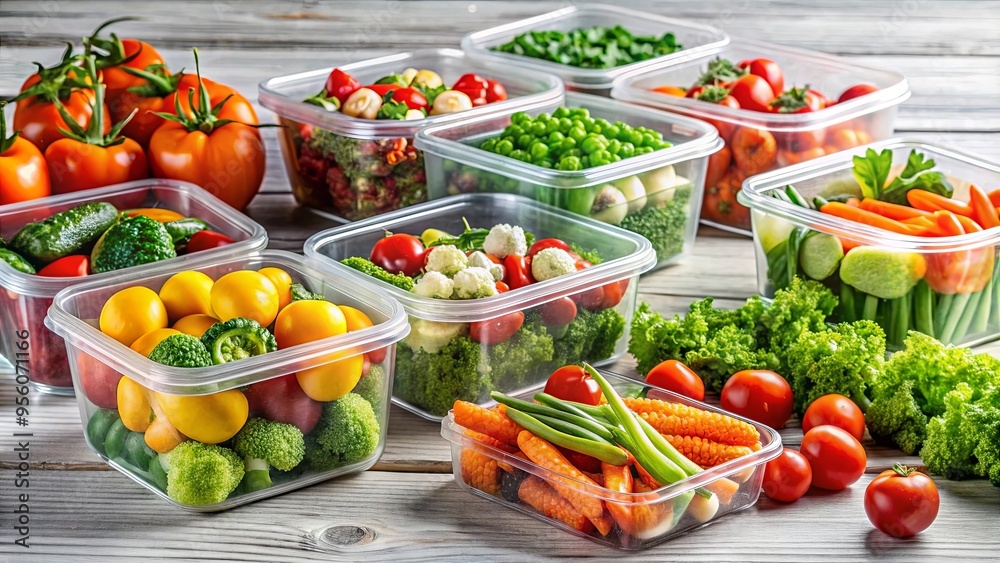 Freshly harvested vegetables neatly arranged in clear plastic containers for convenient and healthy meal preparation Freshly harvested vegetables neatly arranged in clear plastic containers for convenient and healthy meal preparation