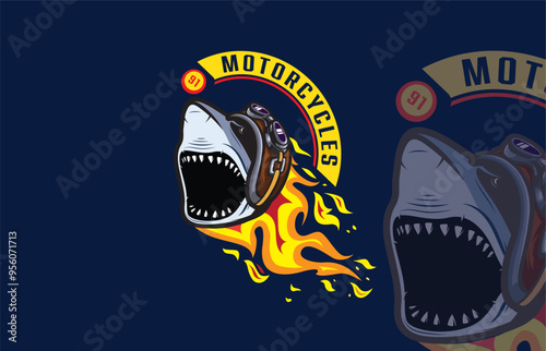 A fierce shark head wearing a retro helmet, surrounded by flames, symbolizing speed, power, and fearless motorcycle spirit.

