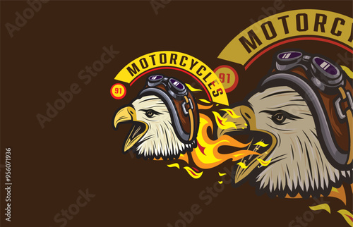 PrintA fierce eagle wearing motorcycle goggles, breathing fire, symbolizing power, speed, and freedom in a vintage motorcycle logo.