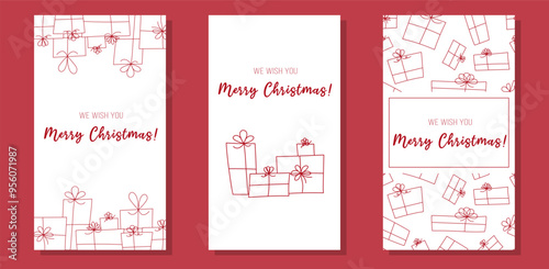 Christmas Stories templates for social media on a white background. Stories with gifts and Christmas greetings in doodle style