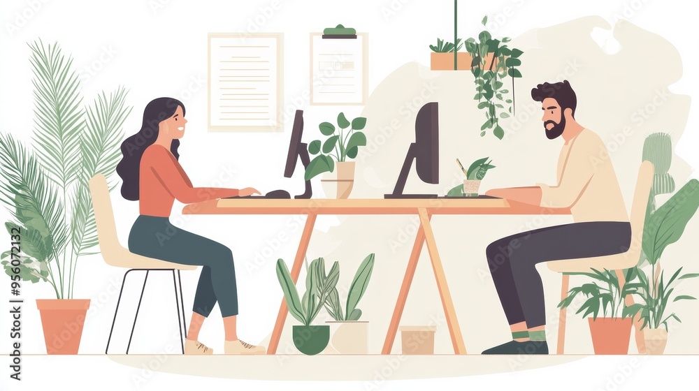 A man and woman working at a computer in a home office, surrounded by plants