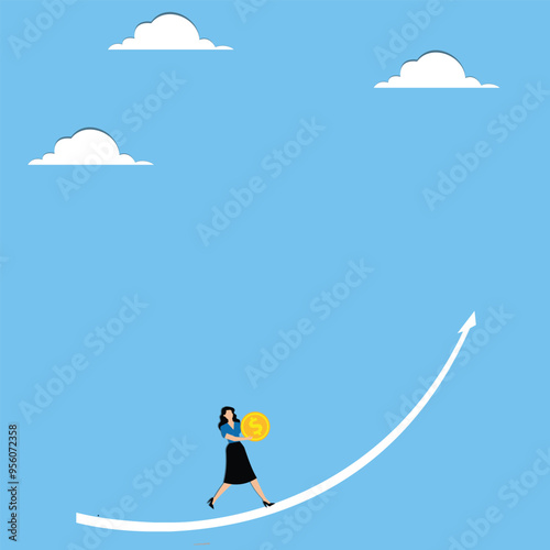 Woman with coin runs in ascending arrow