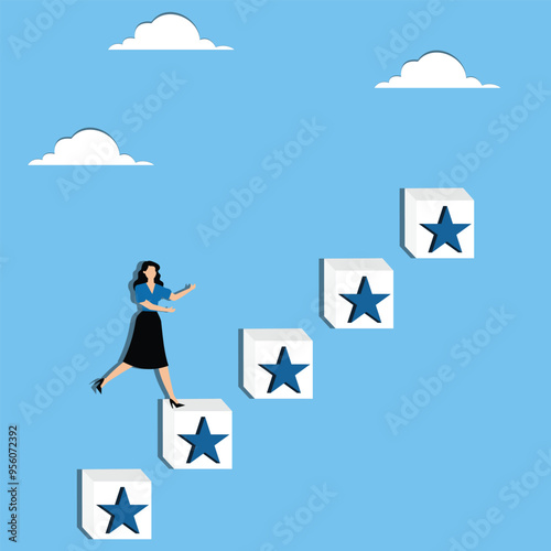 Woman runs up the stairs with stars