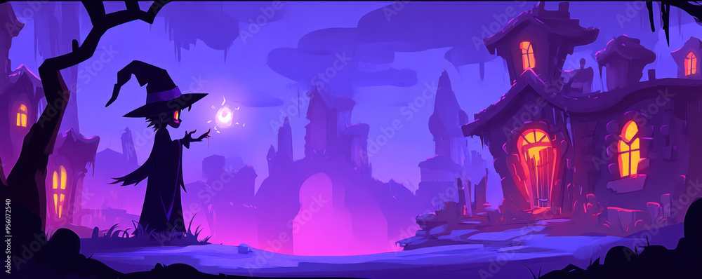 A witch is standing in front of a house with a glowing orb in her hand. The scene is set in a dark, eerie atmosphere with a sense of mystery and magic A witch is standing in front of a house with a glowing orb in her hand. The scene is set in a dark, eerie atmosphere with a sense of mystery and magic