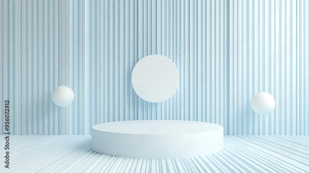 Clean and simple light blue background with soft vertical stripes, featuring a white circular podium at the center Clean and simple light blue background with soft vertical stripes, featuring a white circular podium at the center