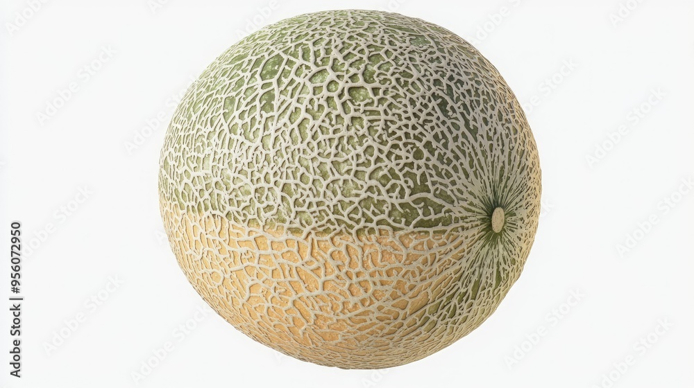 Clipart of a cantaloupe with detailed surface patterns, floating on a white background Clipart of a cantaloupe with detailed surface patterns, floating on a white background