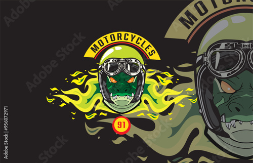 Vector logo of a green crocodile head wearing a green helmet, with flames in the background, motorcycle club theme, black backdrop.