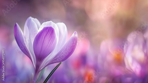 Close-up of a blooming purple crocus flower, captured with a shallow depth of field to highlight its vibrant colors and soft textures.