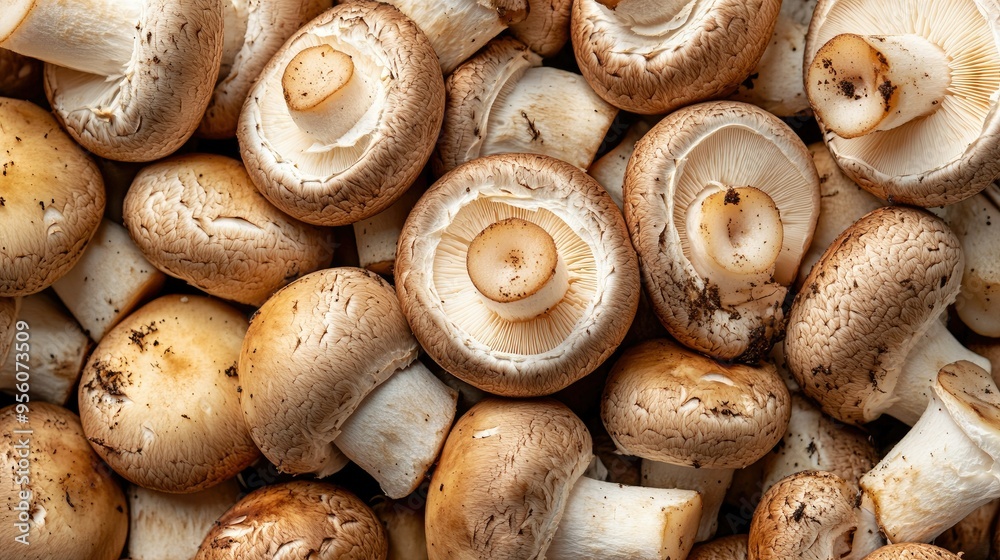 Close-up of fresh champignon mushrooms, creating a textured background of white and brown caps Close-up of fresh champignon mushrooms, creating a textured background of white and brown caps