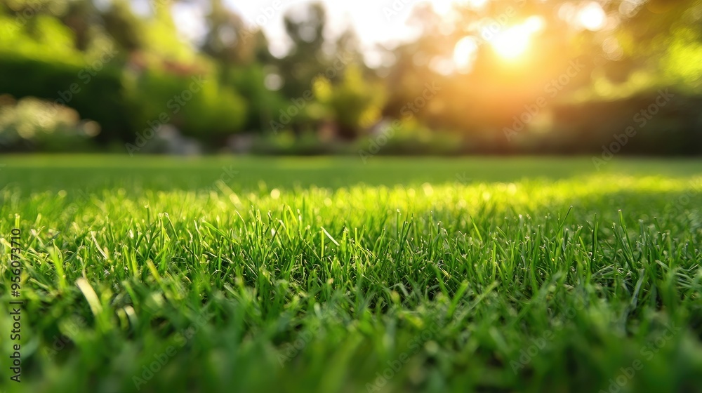 Close-up of vibrant green grass on a freshly mowed lawn, with a blurred sunny garden backdrop Close-up of vibrant green grass on a freshly mowed lawn, with a blurred sunny garden backdrop