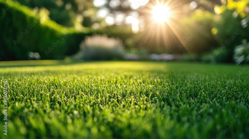 Crisp green grass of a mowed lawn, with a hazy, well-kept garden area in the background on a sunny day Crisp green grass of a mowed lawn, with a hazy, well-kept garden area in the background on a sunny day