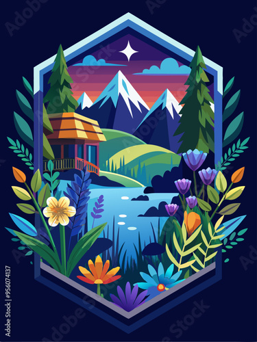 Mountain Cabin with Flowers and a Starry Sky