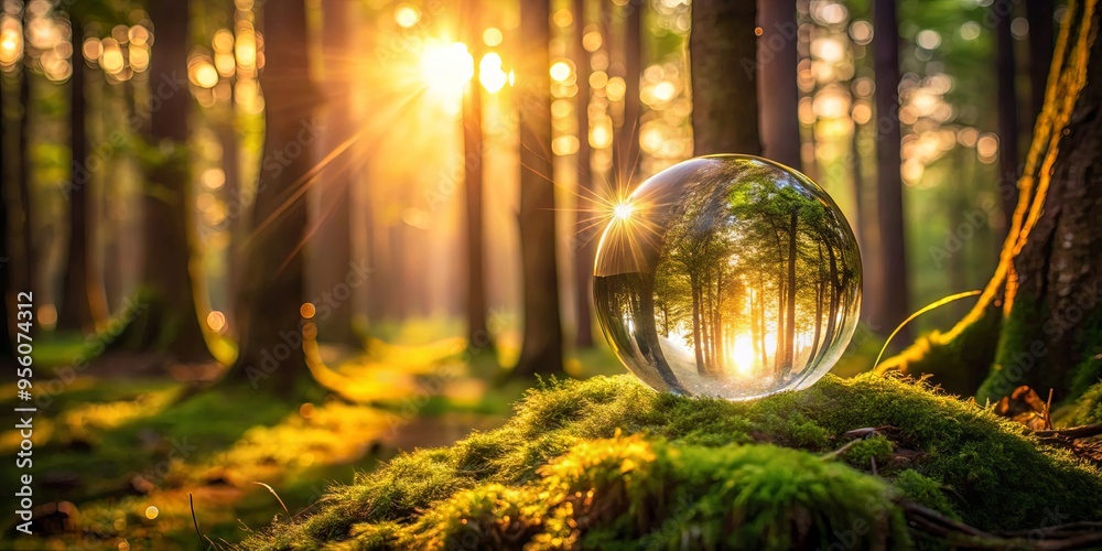 Enchanted forest setting with a glowing crystal ball casting a magical glow during sunset Enchanted forest setting with a glowing crystal ball casting a magical glow during sunset